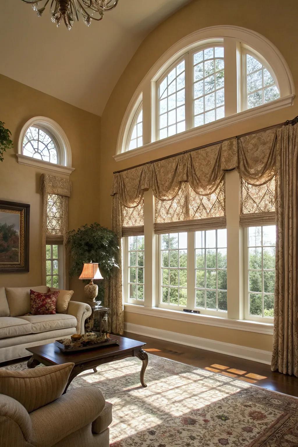 Arched accents highlight the unique shape of casement windows.