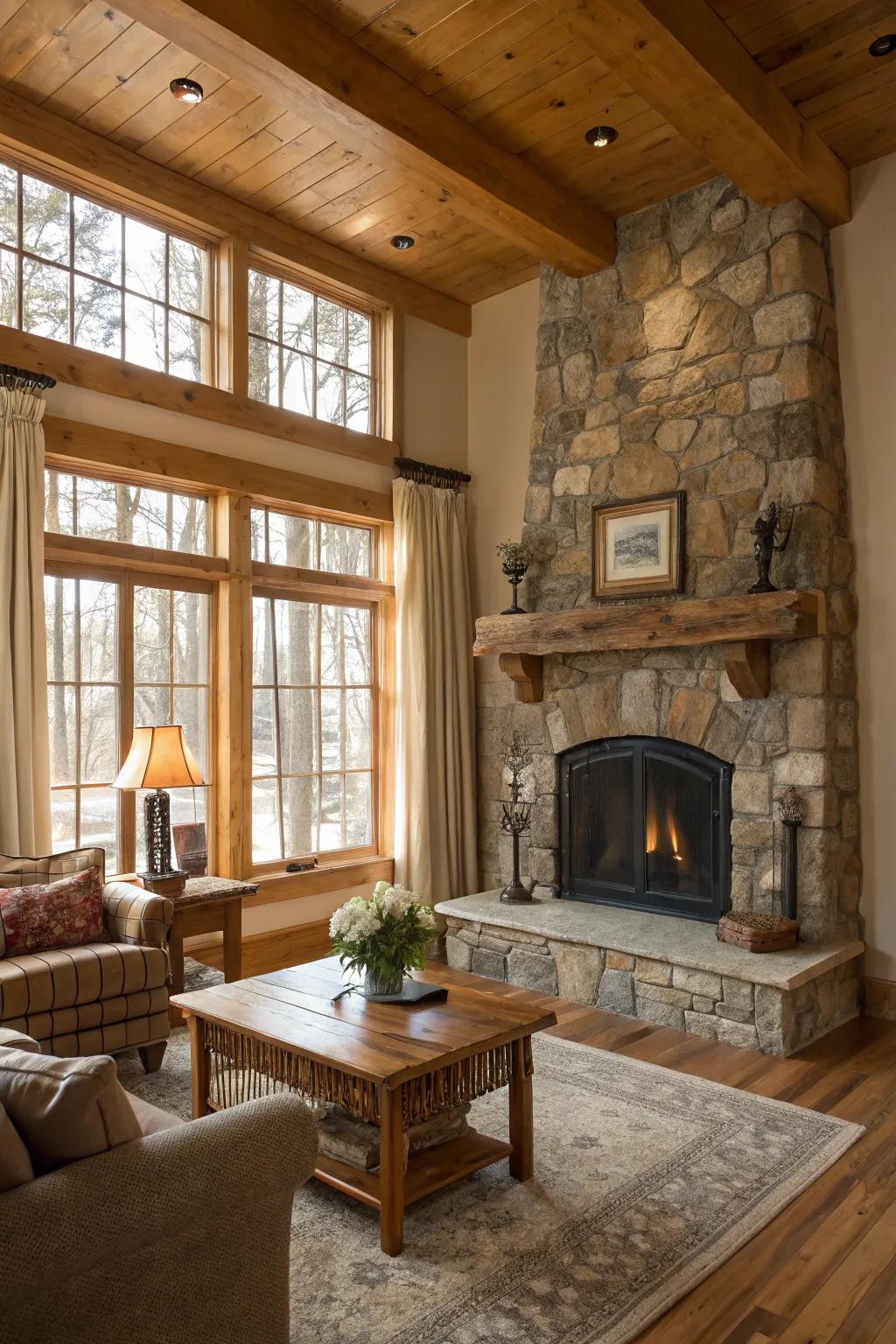 Natural timber trim enhances countryside charm in a lounge.