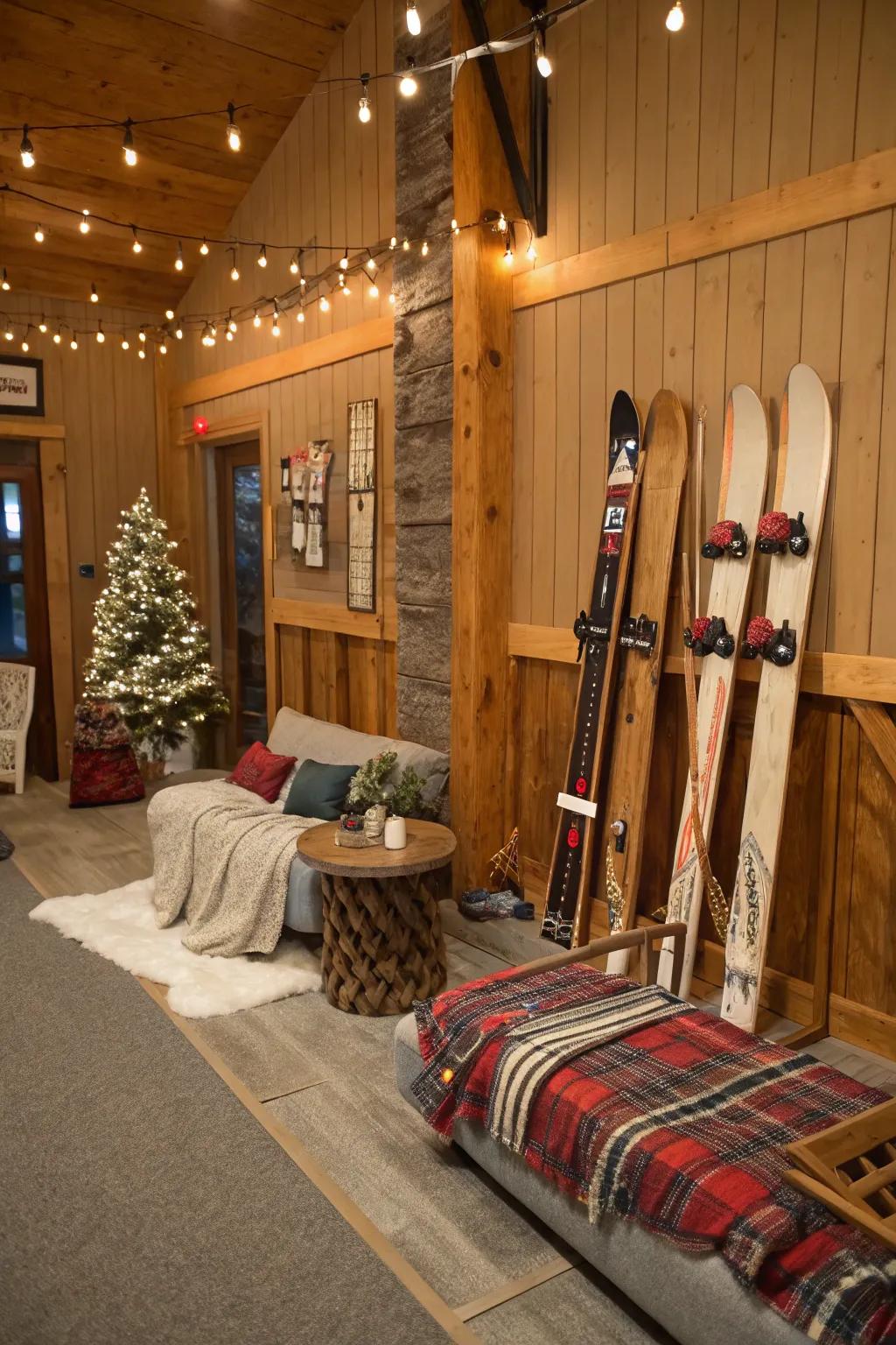 An adventurous Snowy Cabin Getaway theme featuring ski and snowboard decorations.