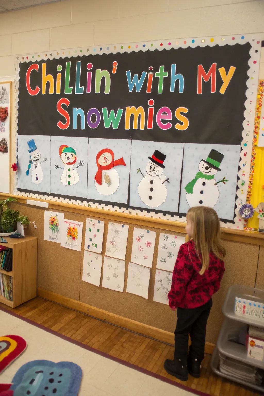 Snow figures and learner art create a playful 'snow buddies' panorama.