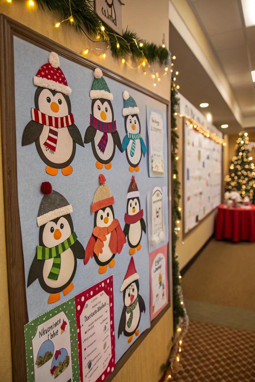 A penguin parade adds a whimsical charm to the classroom bulletin board.