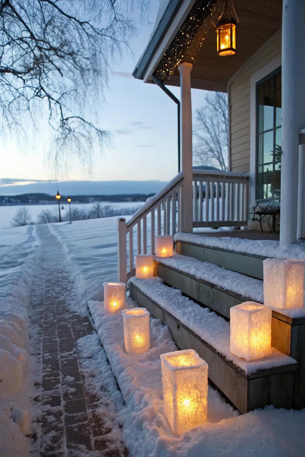 Captivating frozen light sources illuminate this winter porch.