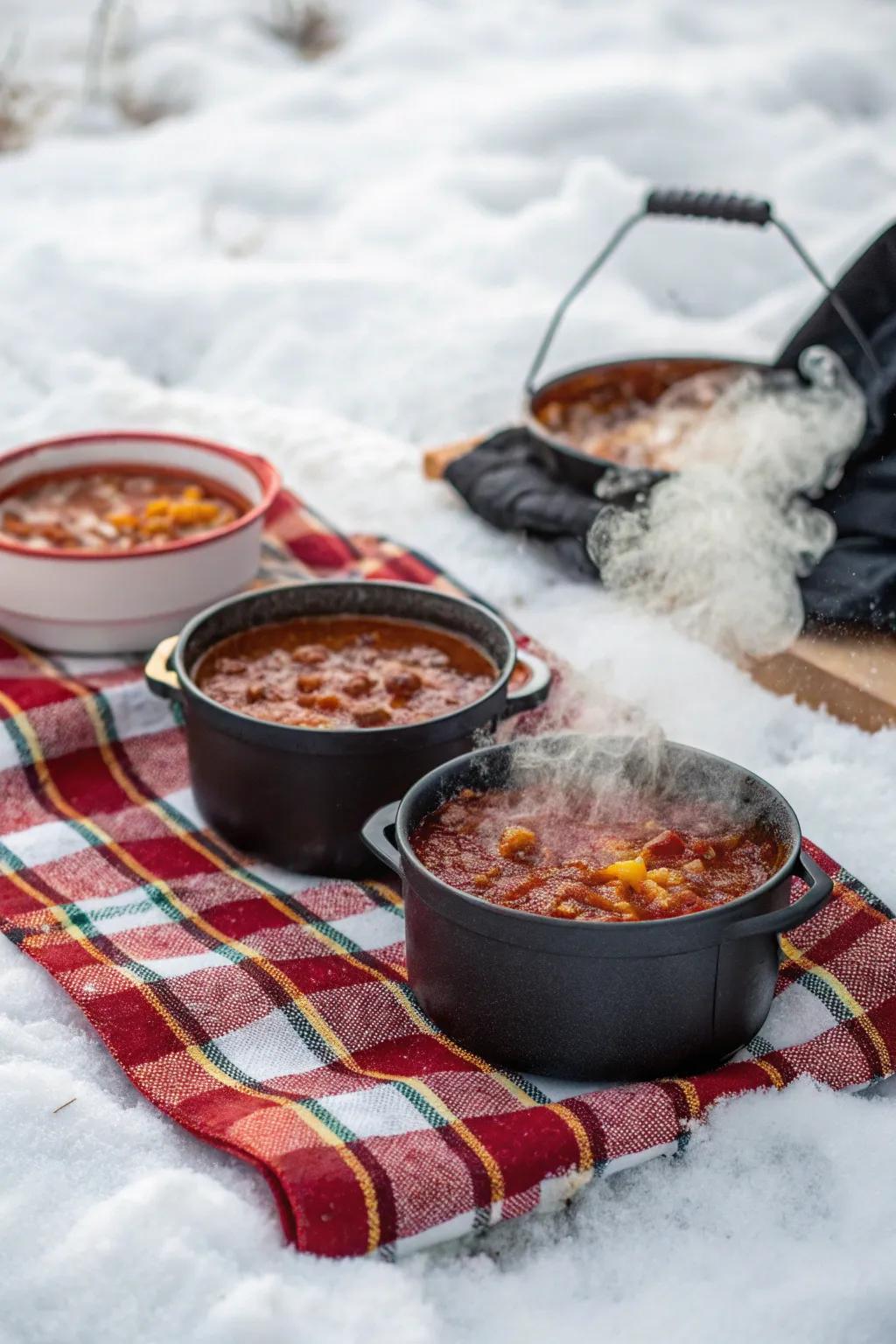 Hearty chili makes a warm, great picnic dish.