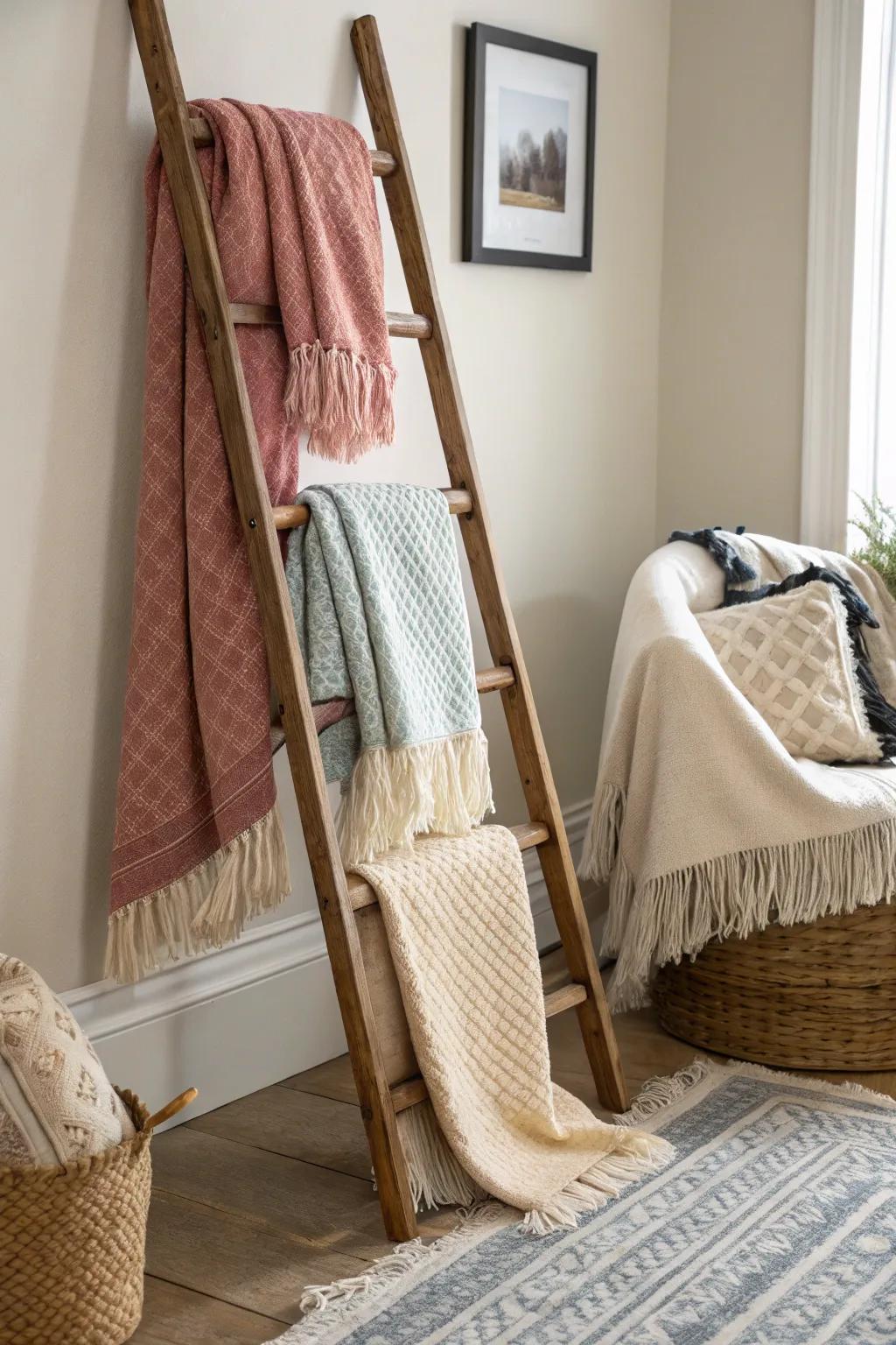 An inviting throw ladder display ushers warmth into the living space.