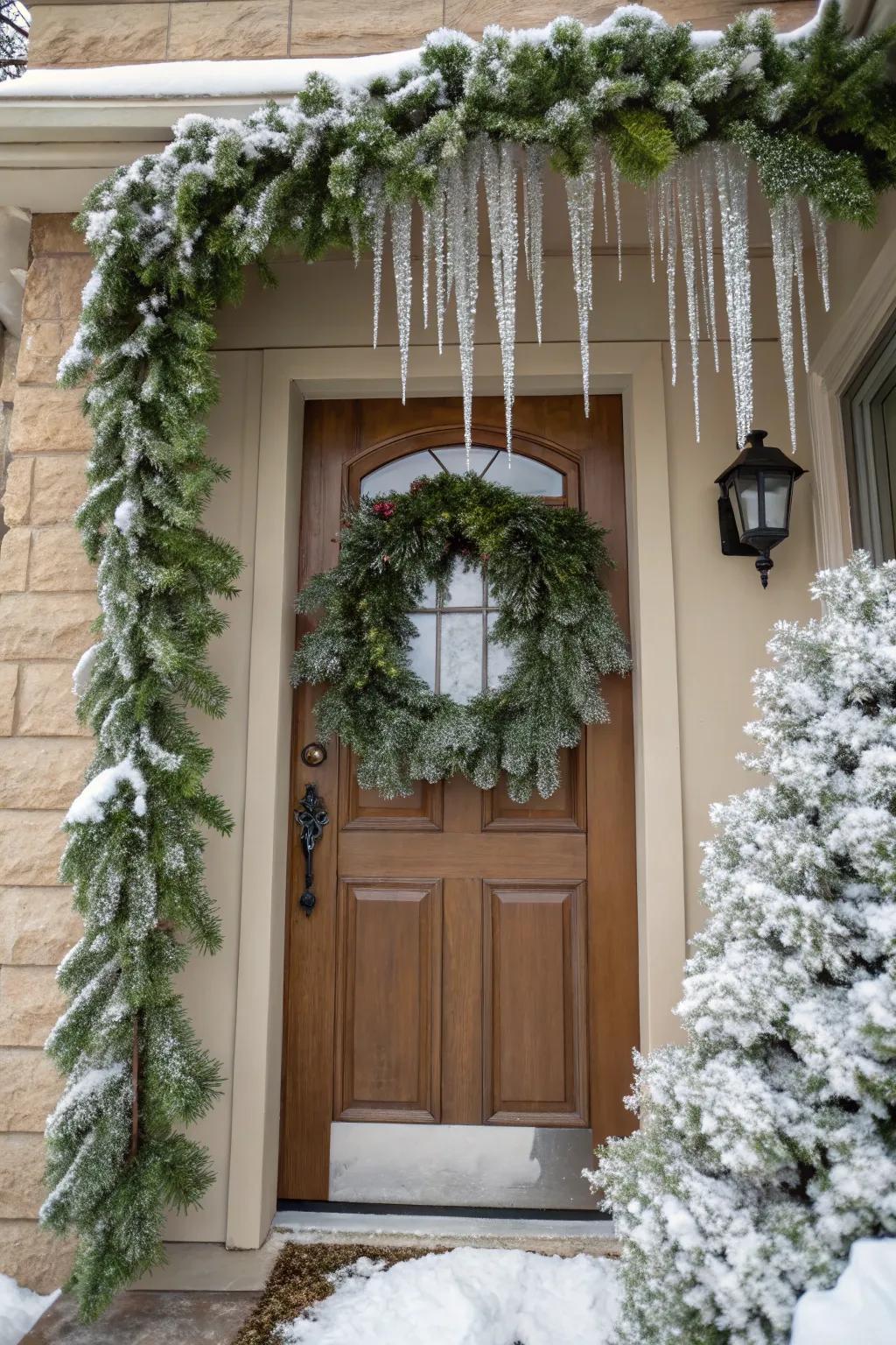 Faux snow adds a magical winter touch.