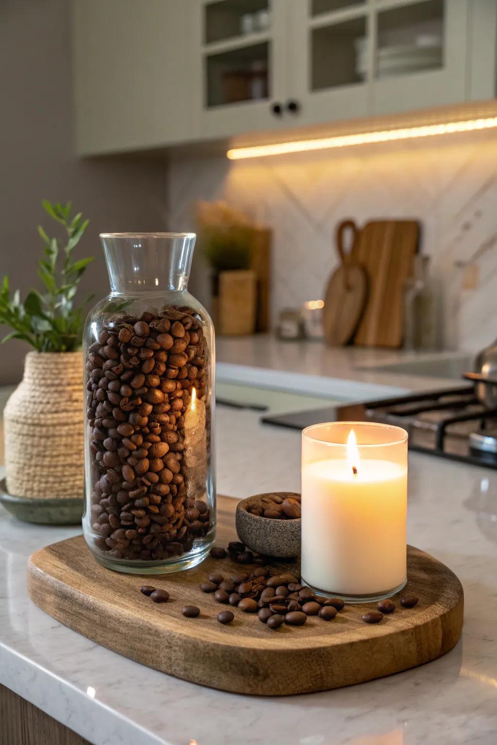 Combinations of coffee beans and candlelight foster an intimate and inviting ambiance.