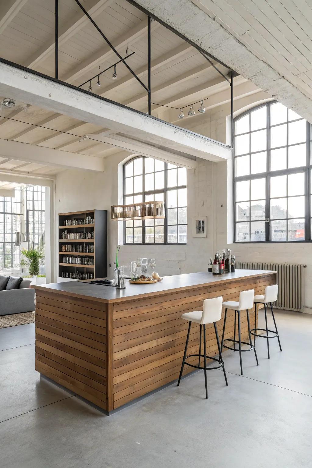 A floating timber bar providing a modern, airy vibe.