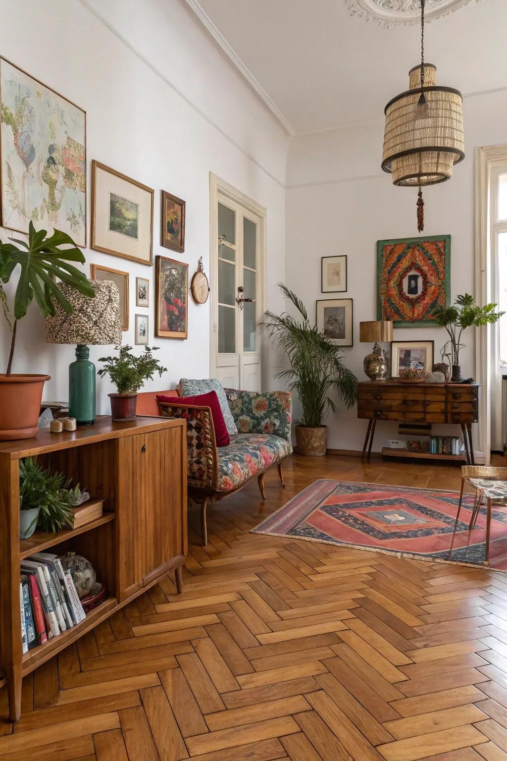 Artistic interior showcasing unique mosaicry wood flooring.