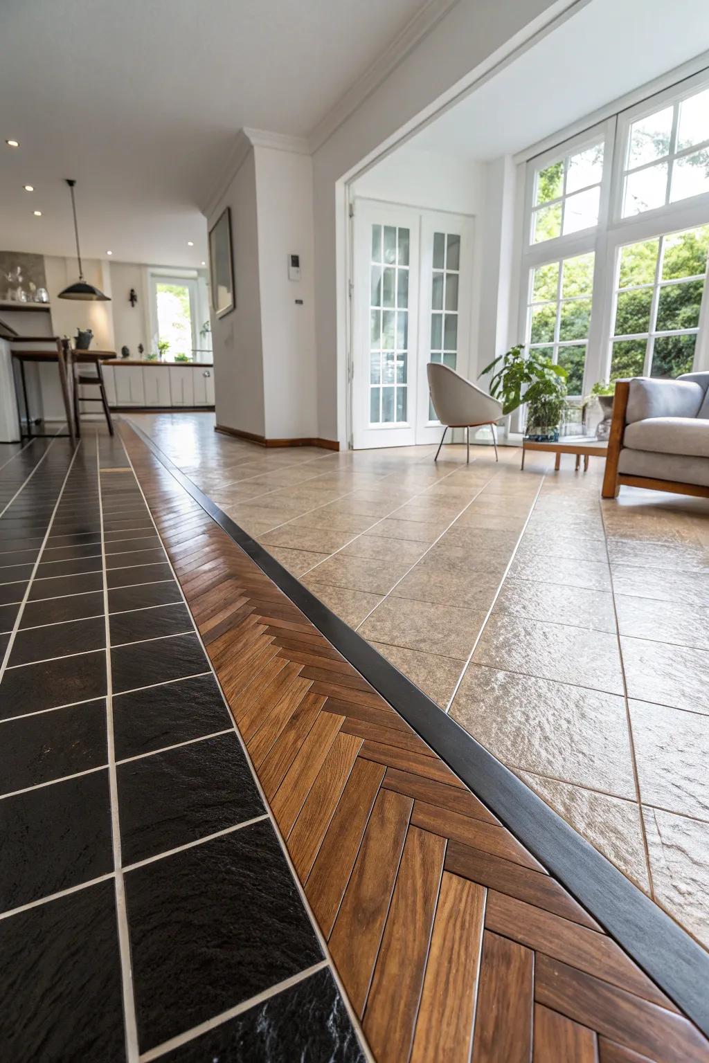A modern interior displaying a daring perpendicular shift between tile and wooden flooring.