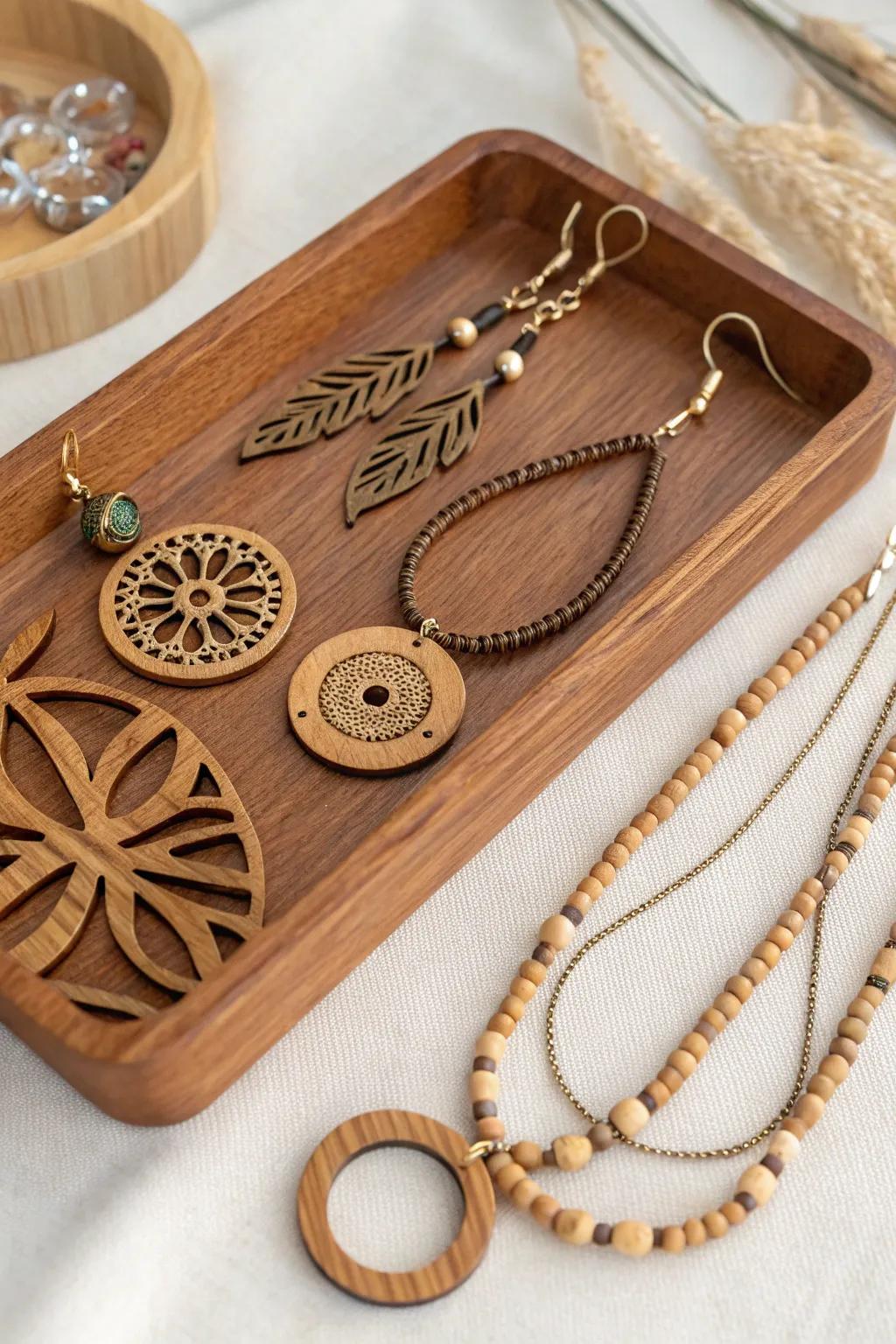 Adorn yourself with the inherent elegance of wooden ornaments.