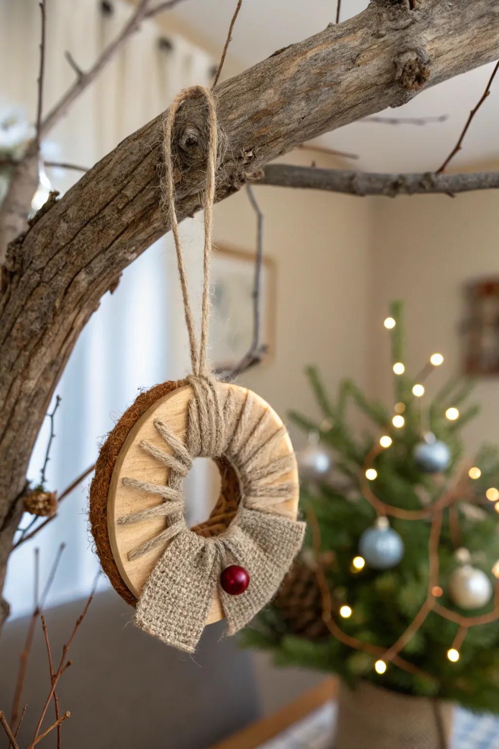 Structured fabric accents contribute warmth to wooden disk ornaments.