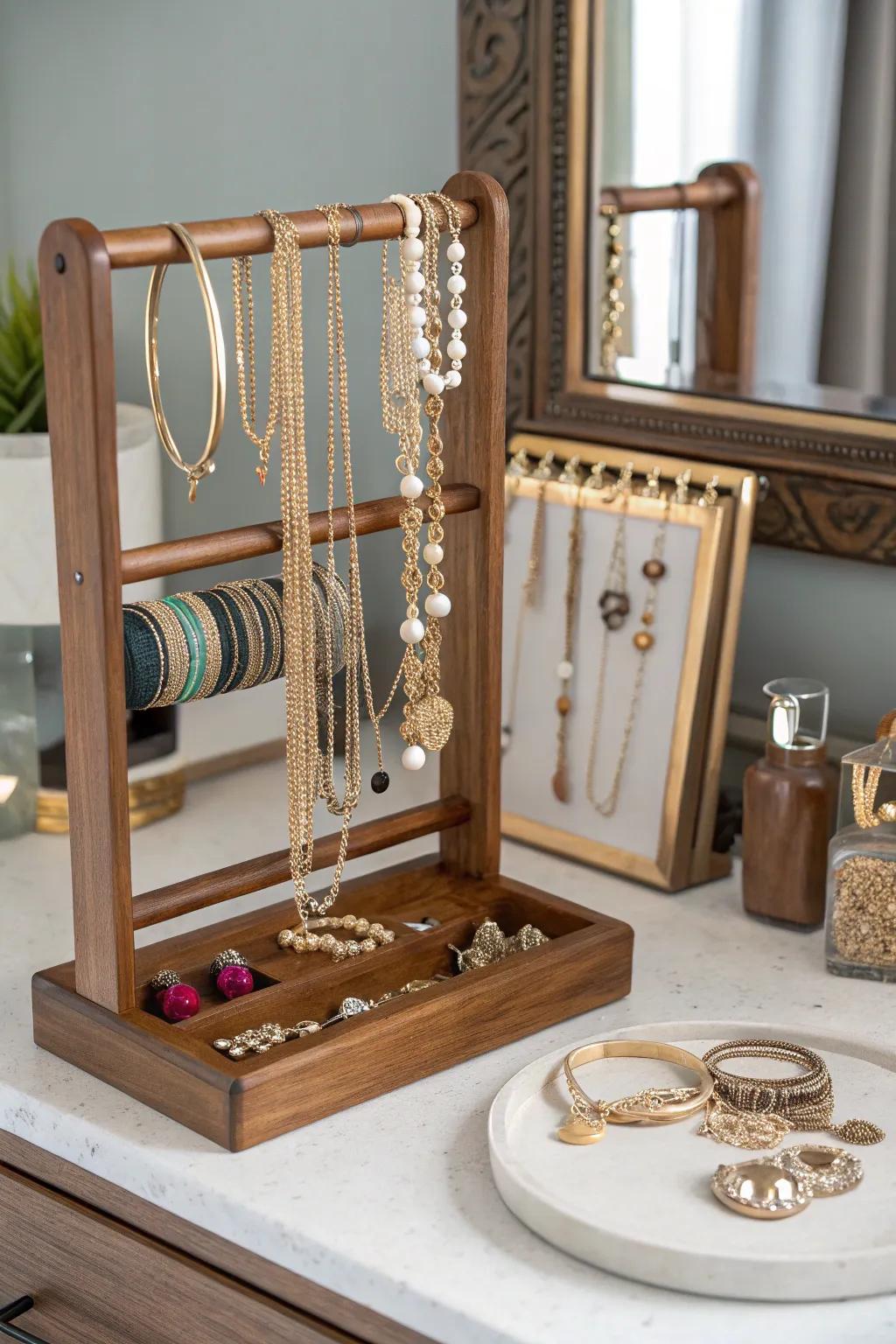 Timber trinket stations exquisitely exhibit your collection.