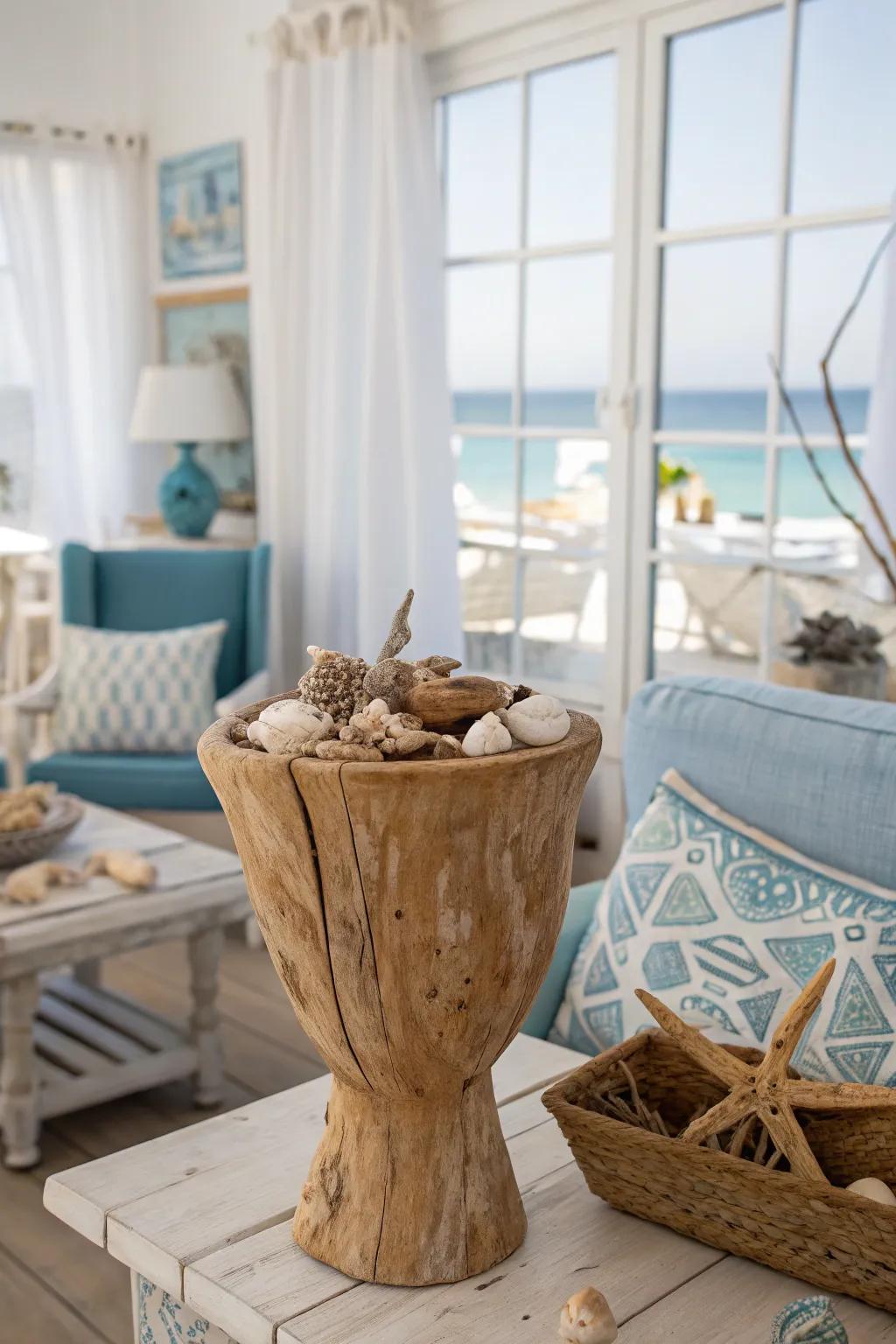 Add coastal charm incorporating driftwood-decorated wooden vases.