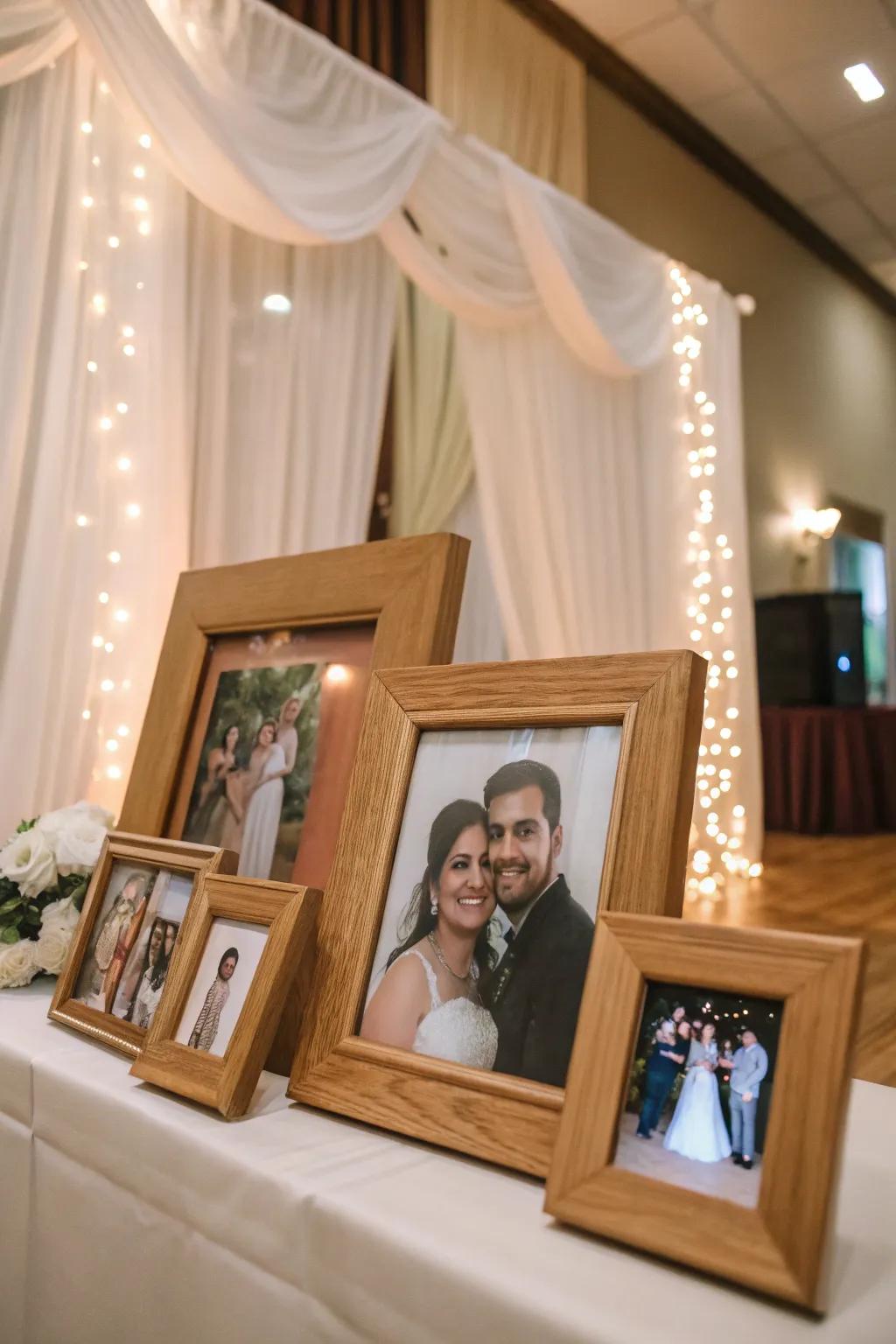 Timber photo displays incorporate a personal element to wedding backdrops.