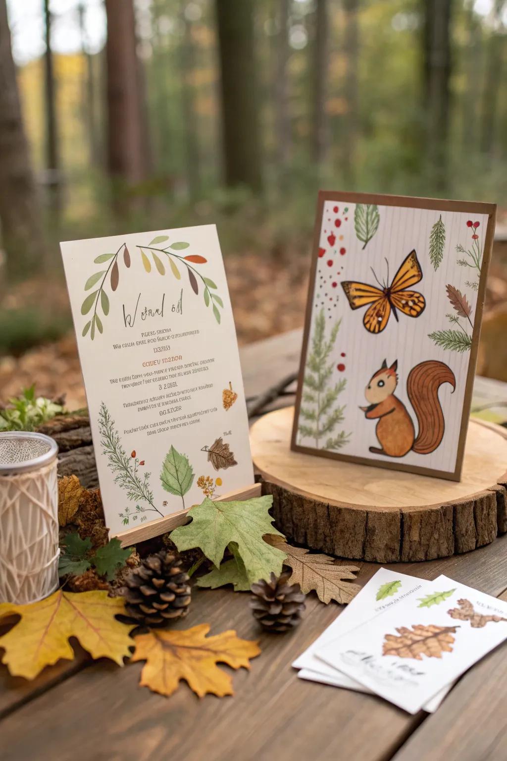 Forest-themed invitations set the tone for a magical occasion.