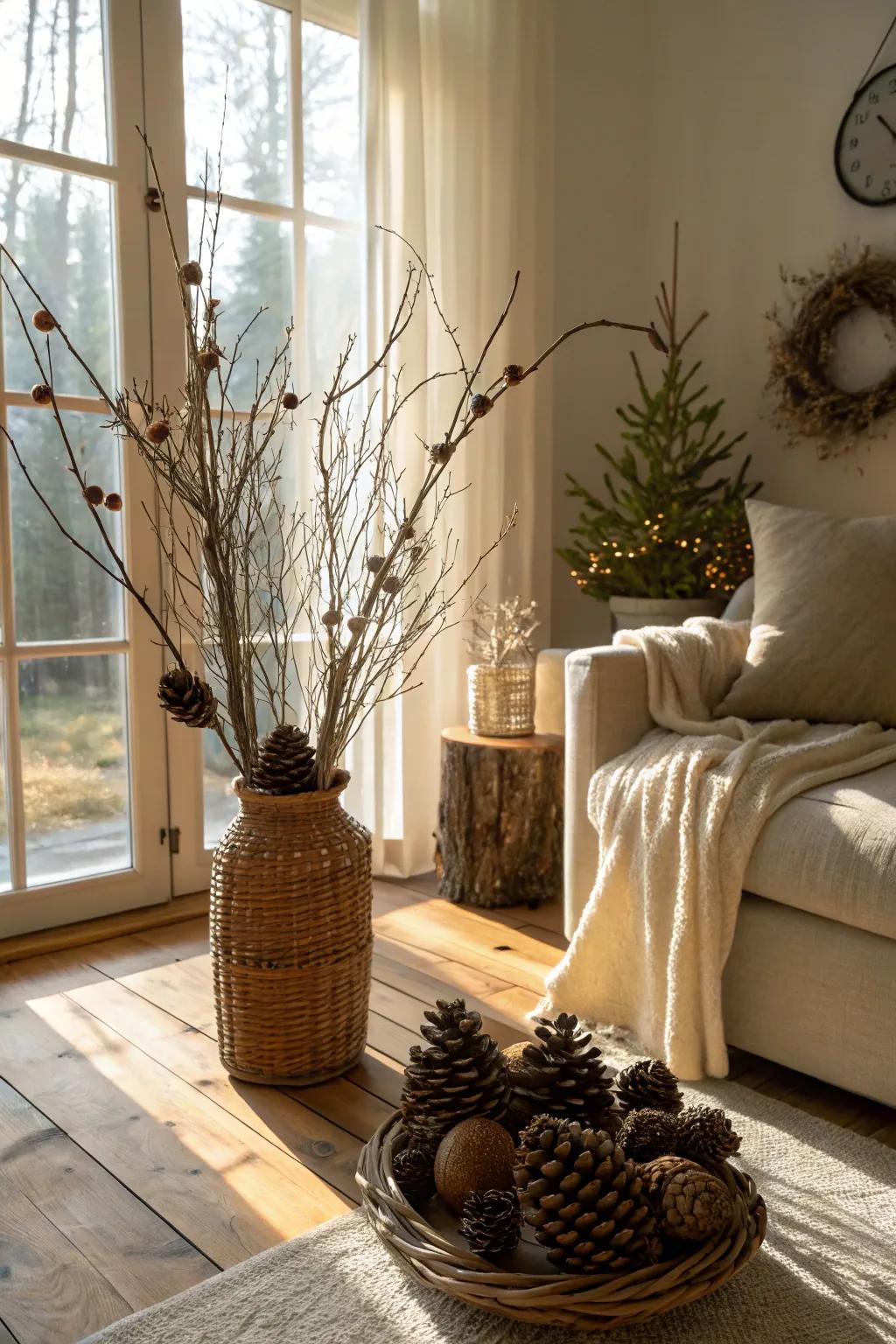 Nature-inspired Yule ornamentation with limbs and cones.