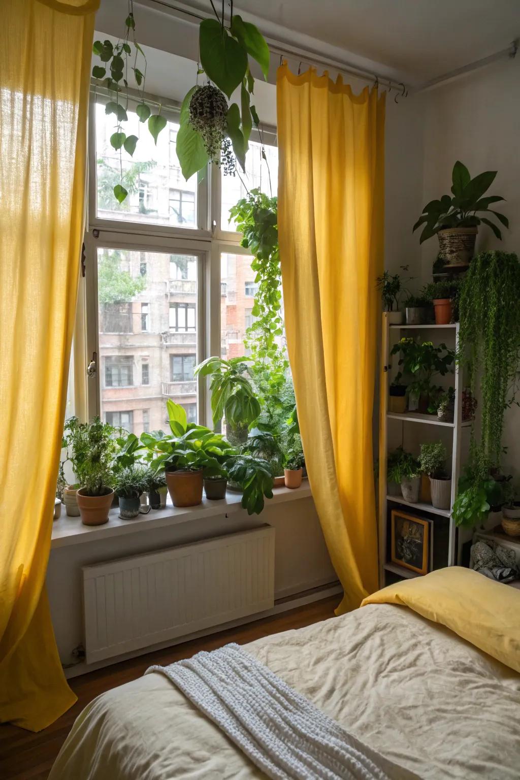 Yellow window coverings and lush plants transform the bedroom into an urban oasis.