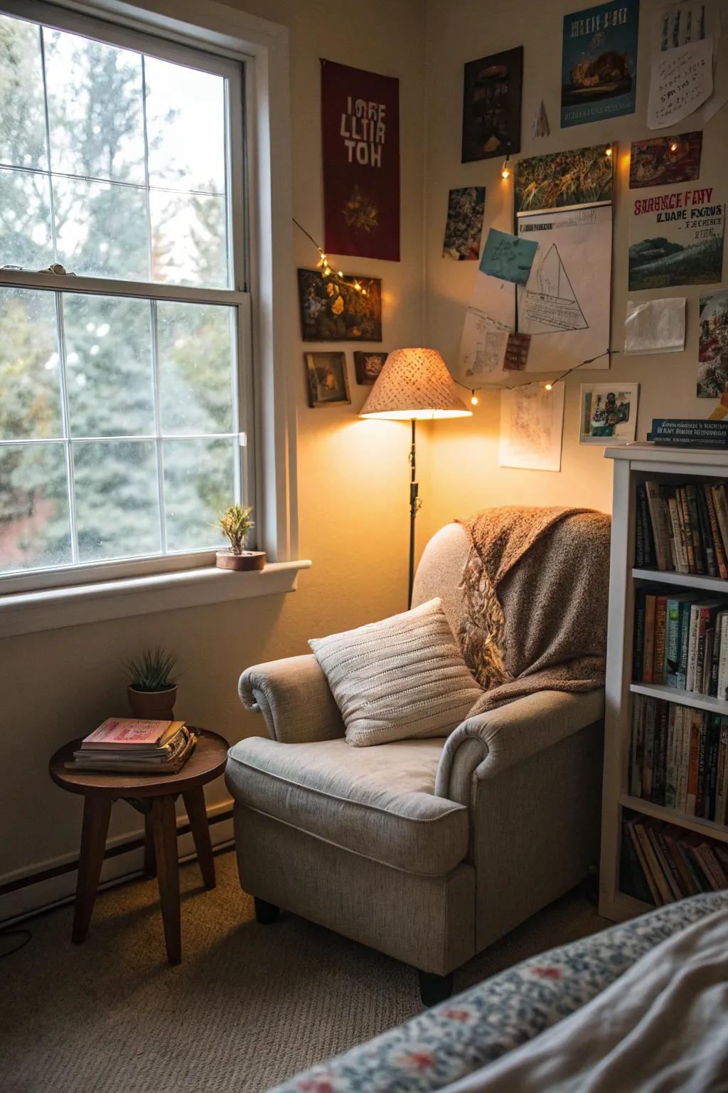 A cozy reading nook offers a tranquil retreat.