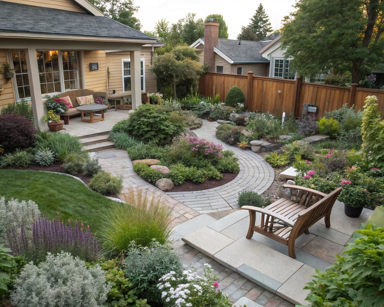 A residential garden employing the principles of layering to create a harmonious and visually complex outdoor space.