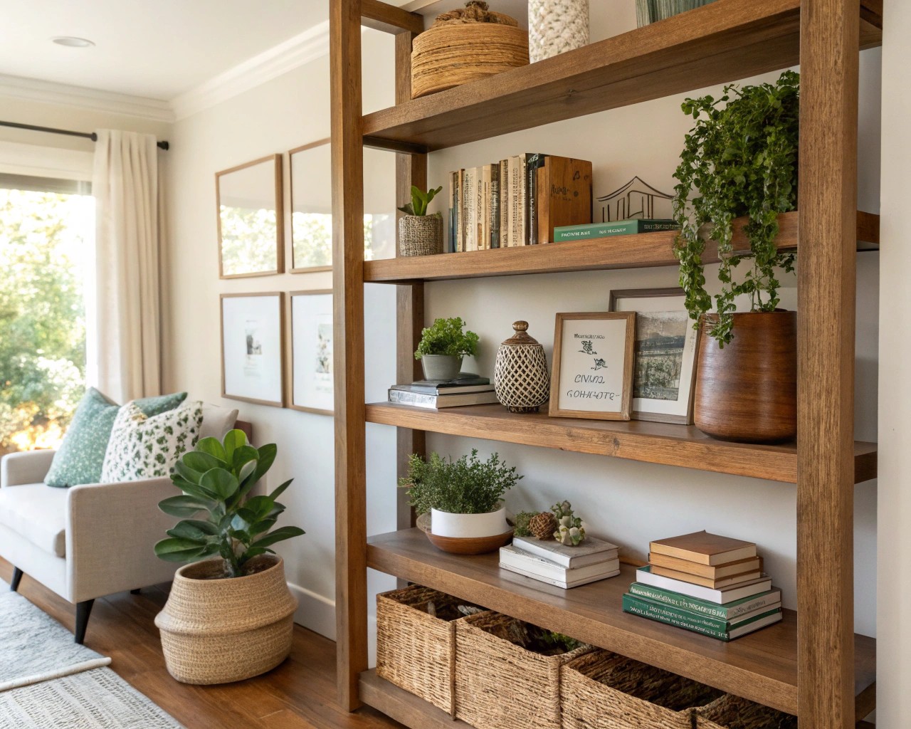A visually harmonious shelf arrangement tells a cohesive story through color and texture.