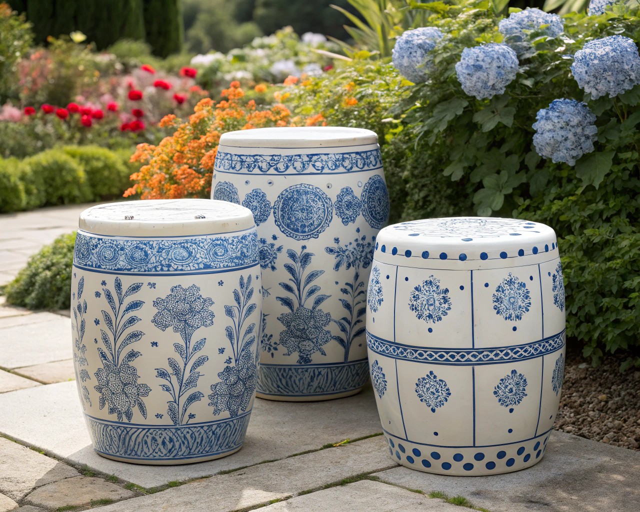 Ceramic garden stools offer durability and style, available in classic motifs and modern palettes.