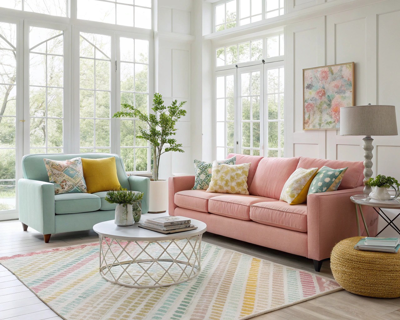 Color layering strategies enhance design harmony, integrating with challenging flooring.