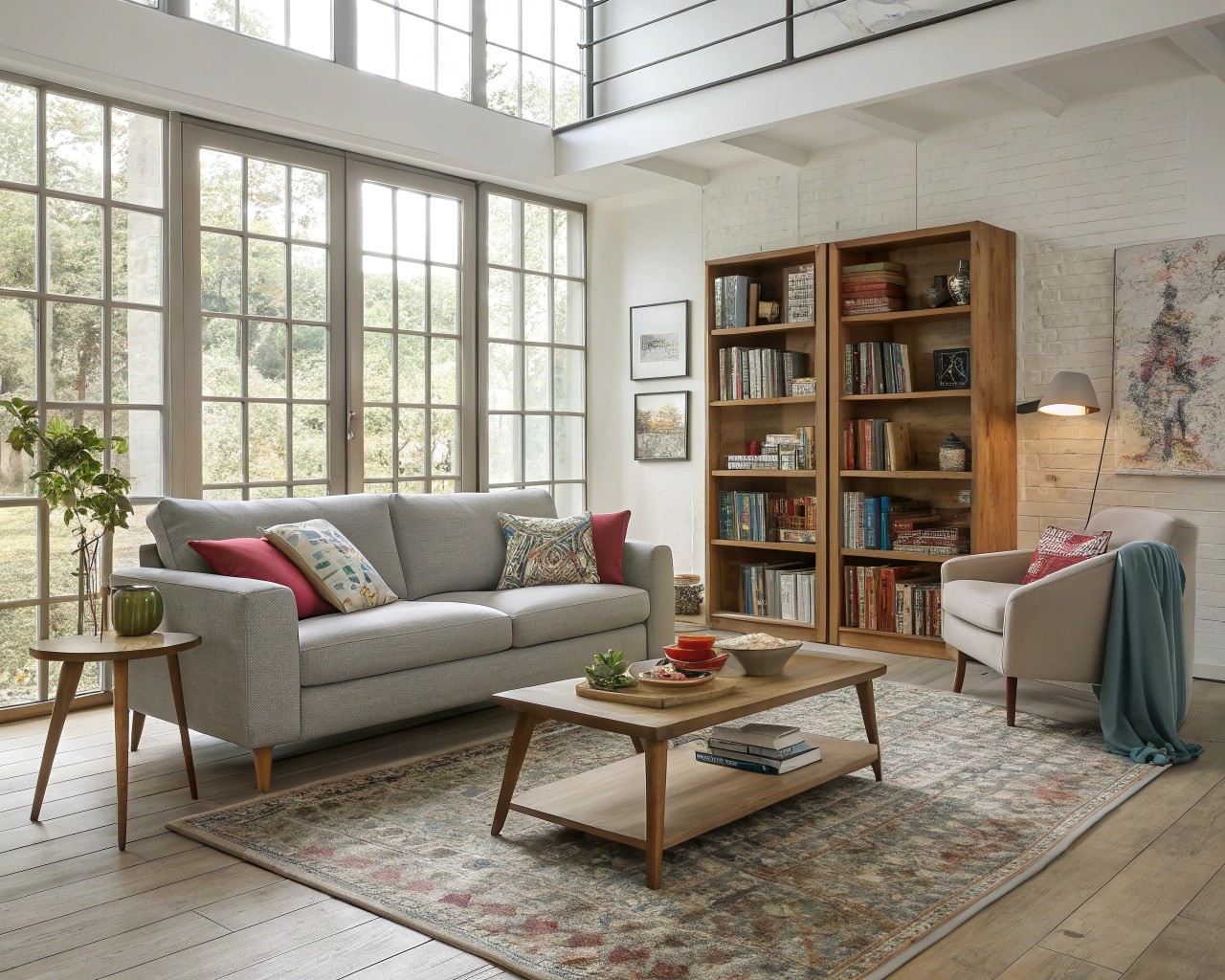 Creative furniture arrangements divide spaces beautifully, overcoming flooring limitations.