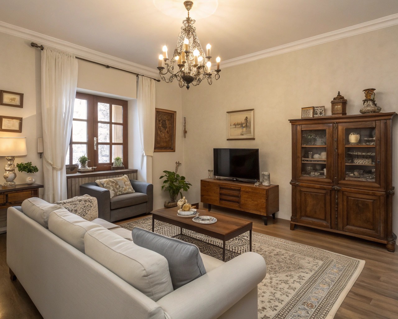 Implementing the 80/20 rule in interior design, using predominantly modern furnishings with select antique accents.