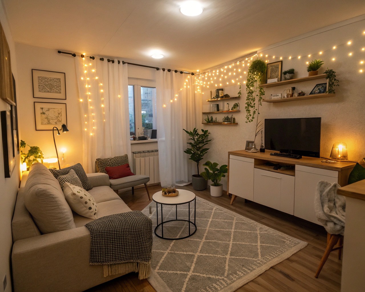 Layered lighting systems create distinct zones and ambiance in multifunctional studio spaces.