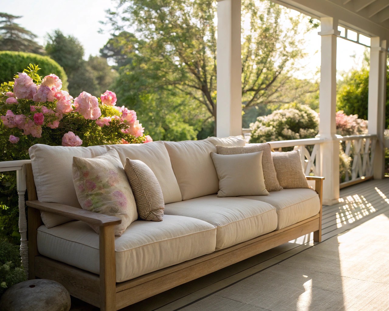 Layering techniques using cushions and throws create depth and comfort.