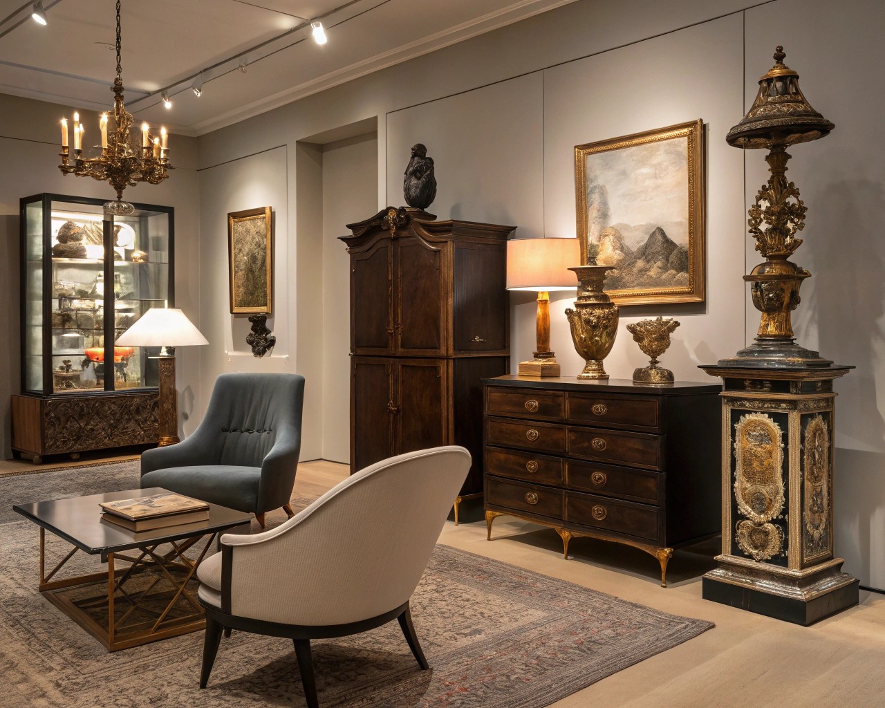 Mastering scale and proportion in a space that artfully balances the visual weight of antique and modern pieces.