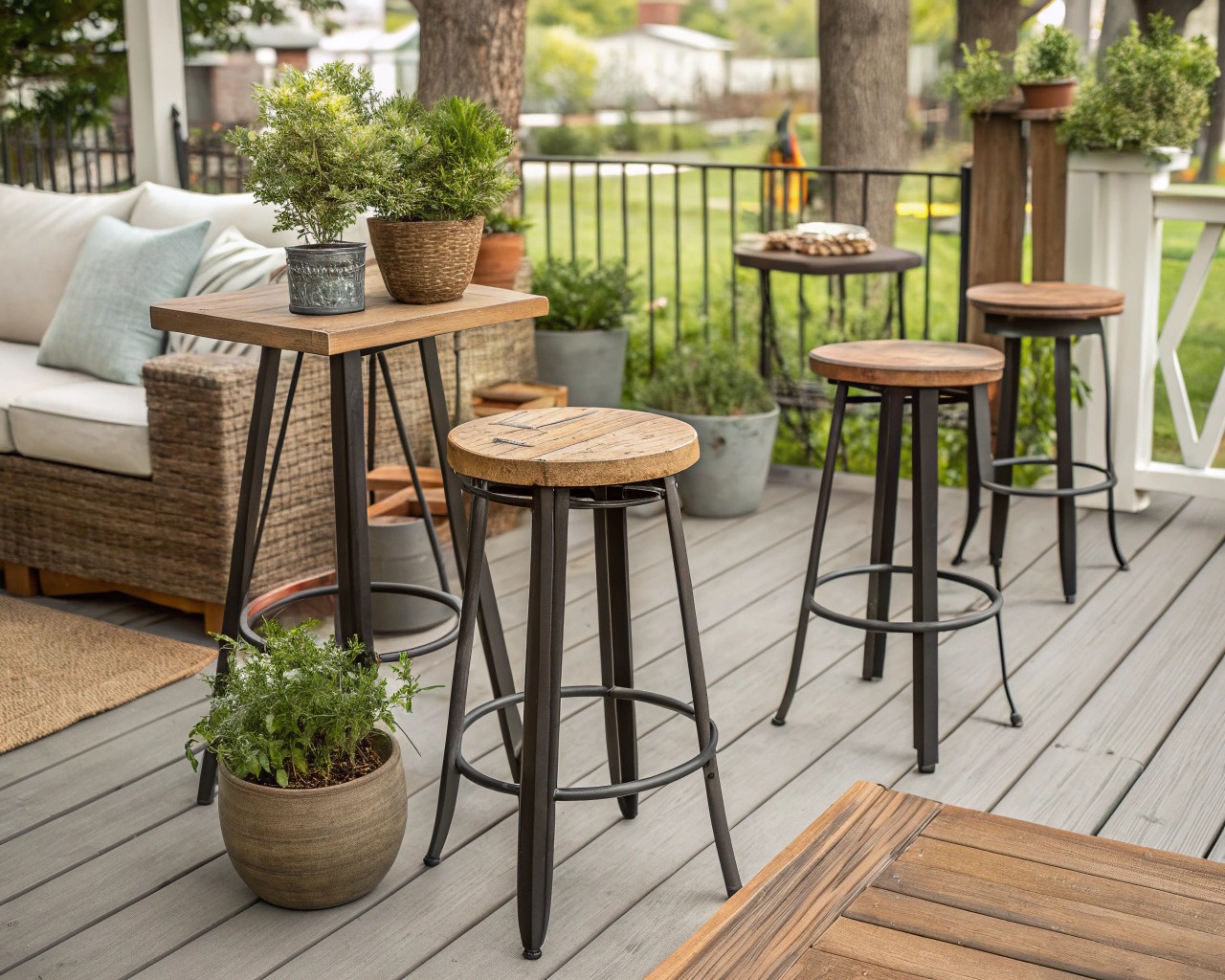 Metal and wooden garden stools provide durability and aesthetic appeal, suitable for various design styles.