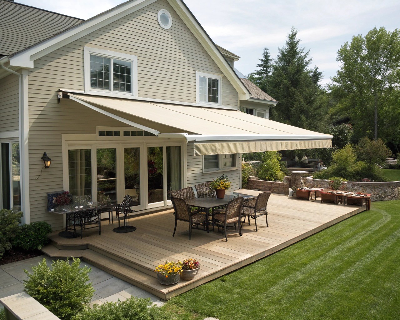 Retractable awnings balance permanent installation with adaptability for changing weather.