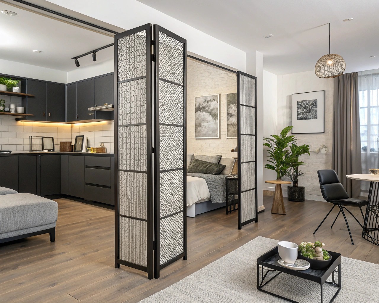 Room dividers like folding screens and curtains offer flexibility and privacy in studio apartments.