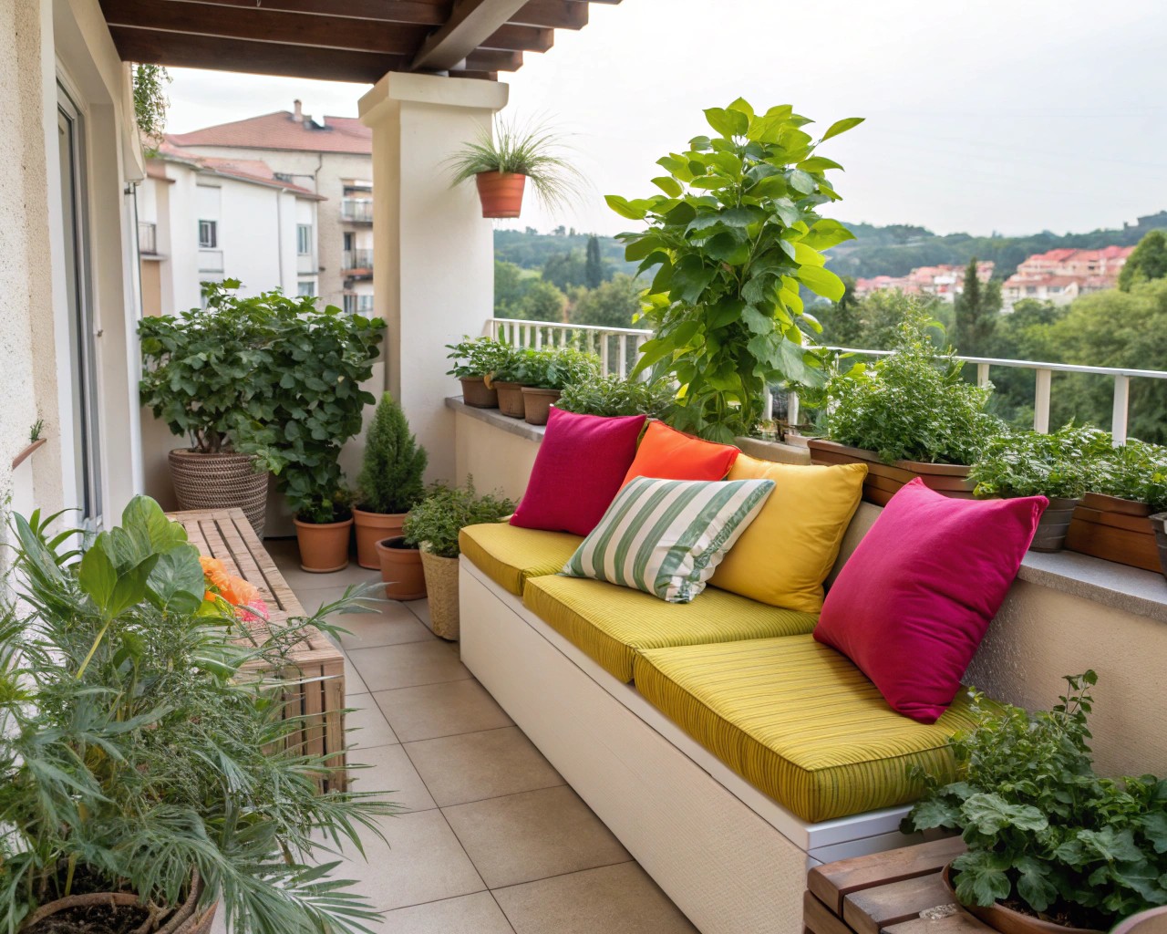 Small space patio showcasing optimal cushion placement for illusion of space.