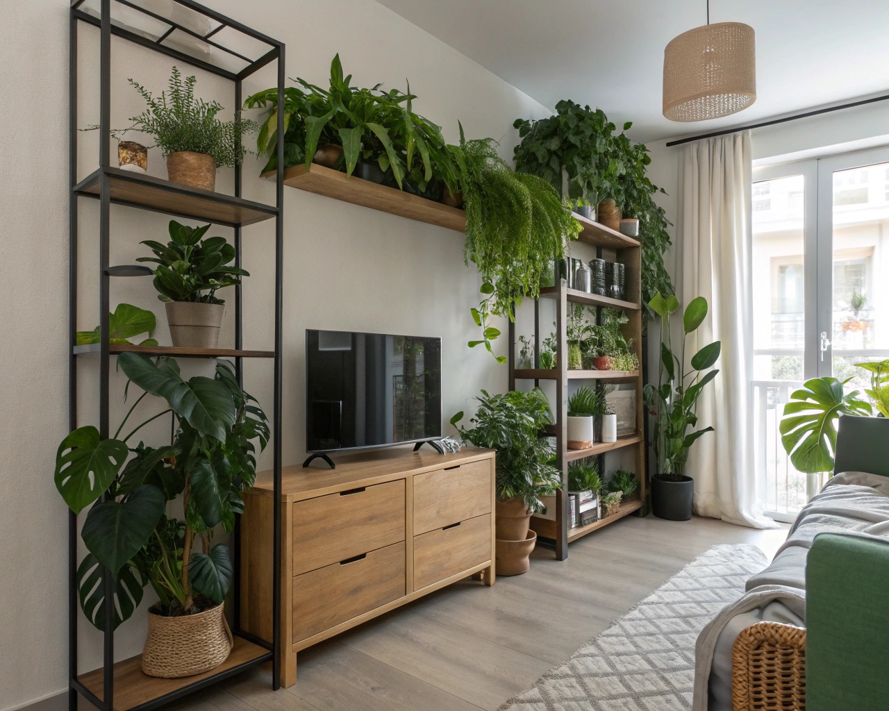 Using plants as natural dividers improves air quality and defines zones in studio apartments.