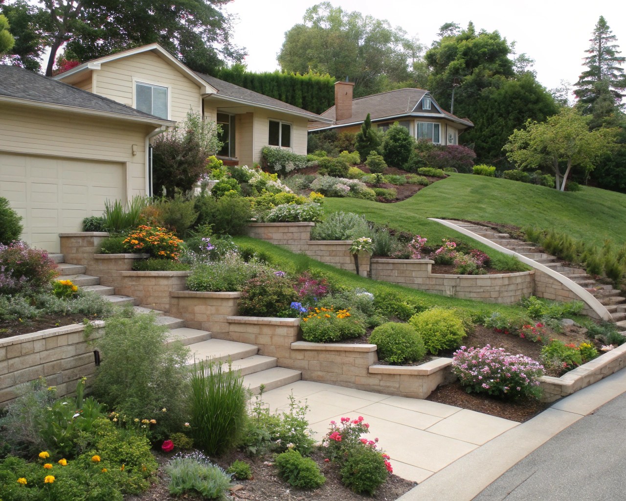Vertical elements added to a residential garden extend layering into the third dimension, enhancing the overall composition.
