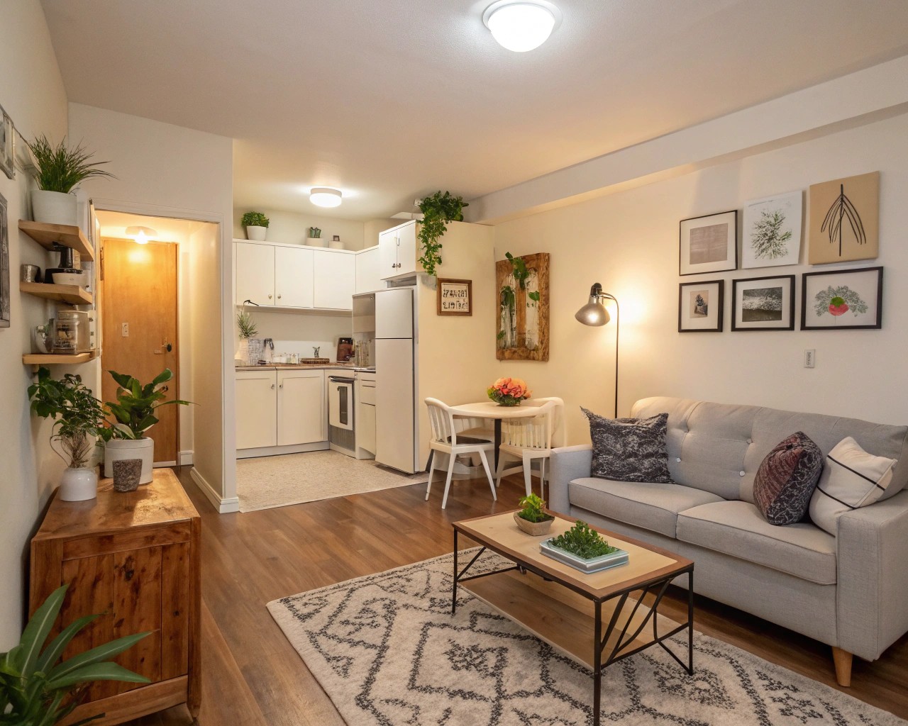 Visual flow in a studio apartment is achieved through a cohesive color scheme and strategic use of area rugs.